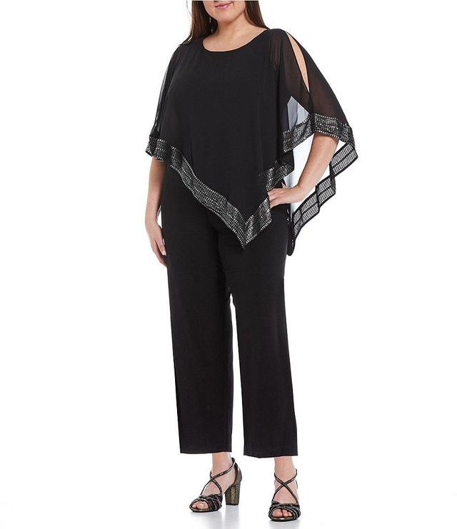 Ignite Evenings Plus Size Foil Trim Round Neck Asymmetric Cape 3/4 Sleeve Jumpsuit Product Image