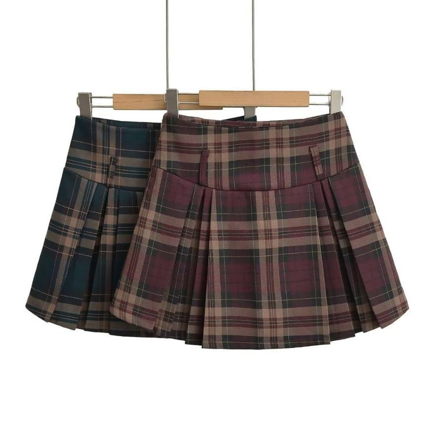 High Rise Plaid Pleated Mini A-Line Skirt Product Image