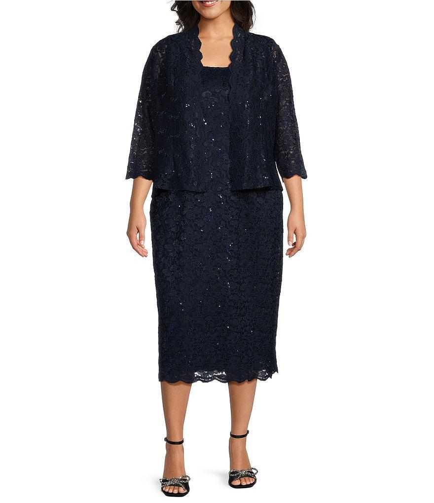 Ignite Evenings Plus Size Scalloped Sequin Lace Square Neck 3/4 Sleeve 2-Piece Jacket Dress Product Image