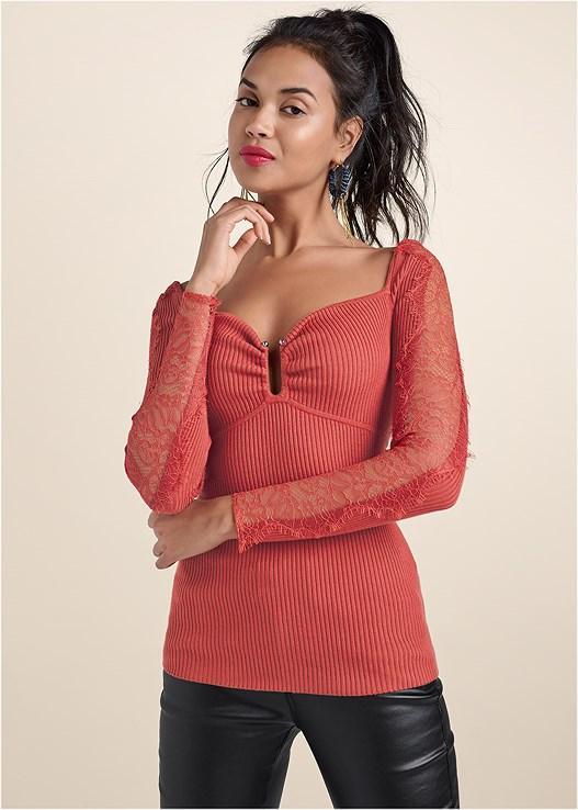 Lace Sleeve Ribbed Sweater Product Image