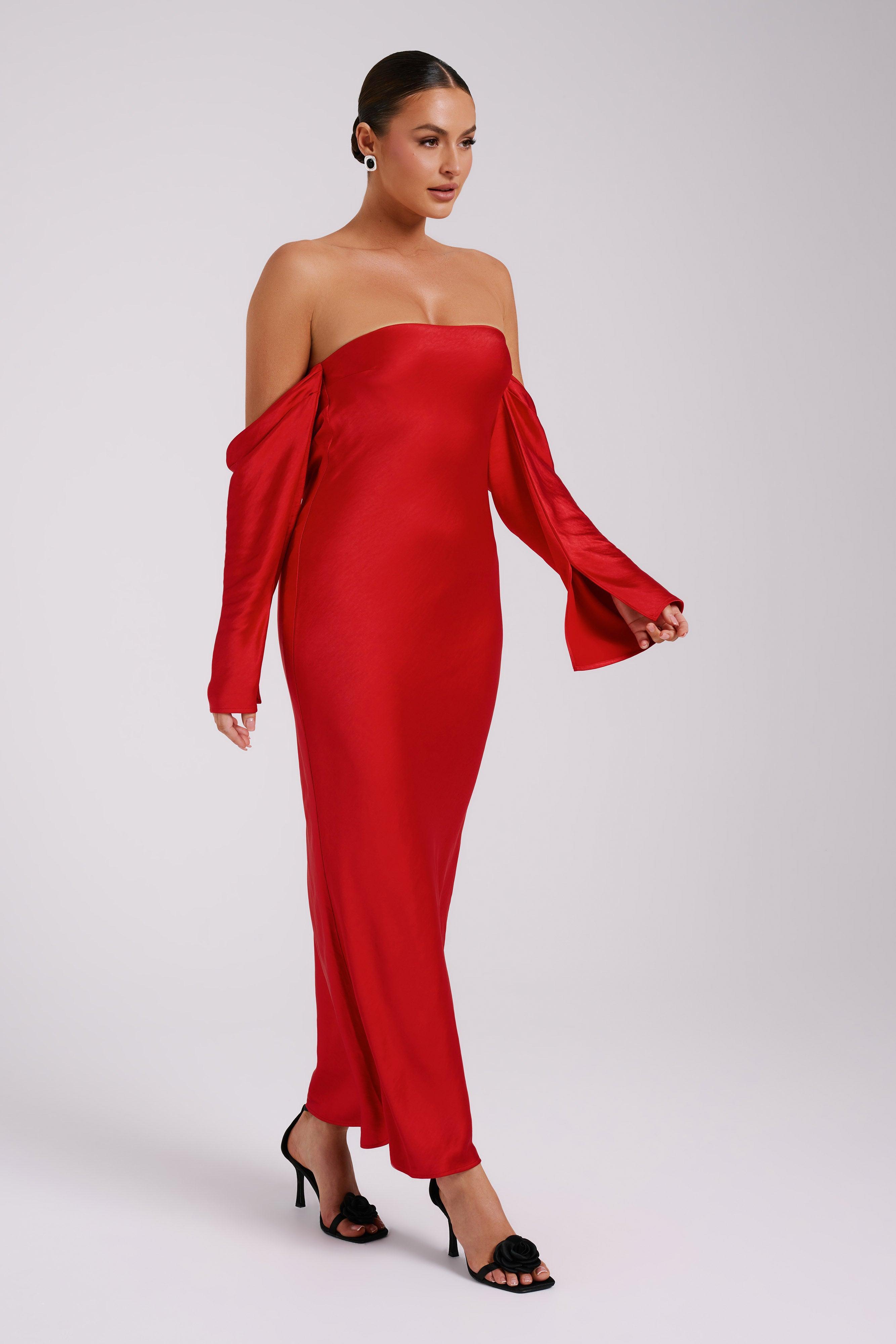 Vee Off Shoulder Satin Midi Dress - Red Product Image