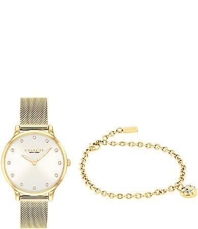 COACH Womens Chelsea Analog Crystal Gold Tone Stainless Steel Mesh Bracelet Watch Set Product Image