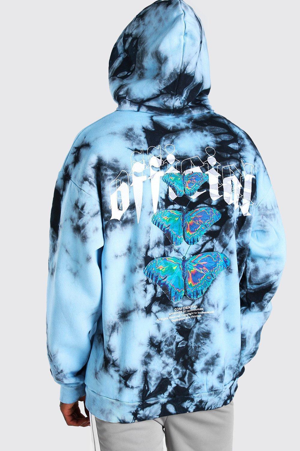 Mens Blue Oversized Butterfly Back Print Tie Dye Hoodie, Blue Product Image