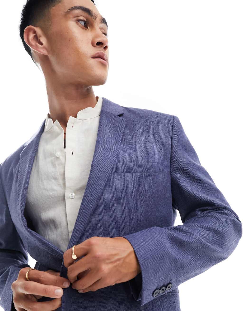 ASOS DESIGN skinny herringbone suit jacket with linen in navy Product Image