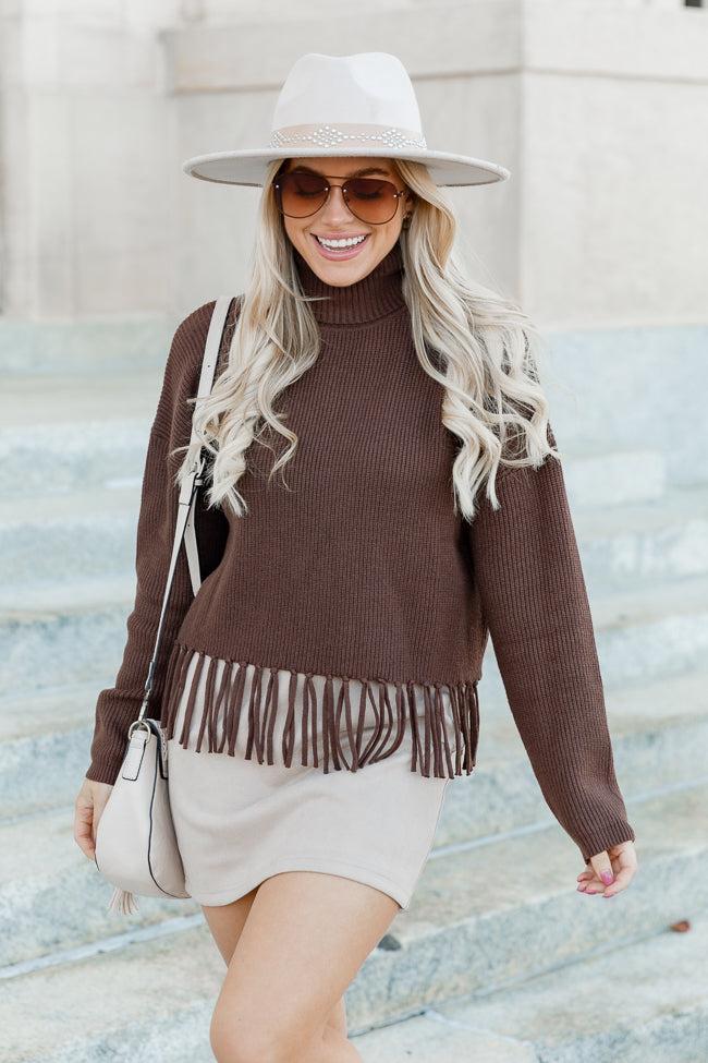 Missed Opportunity Brown Fringe Hem Turtleneck Sweater FINAL SALE Product Image