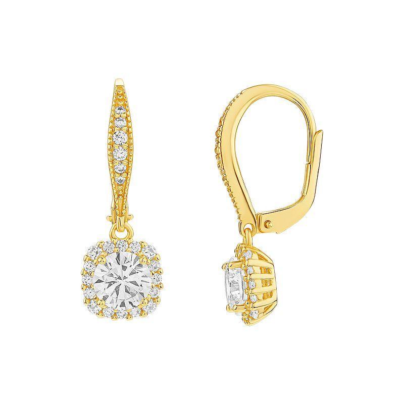 PRIMROSE Sterling Silver Cubic Zirconia Halo Drop Earrings, Womens, Yellow Gold Tone Product Image