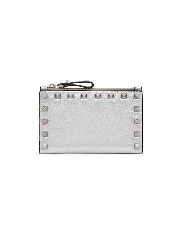 Womens Rockstud Grainy Metallic Calfskin Card Holder With Zipper Product Image