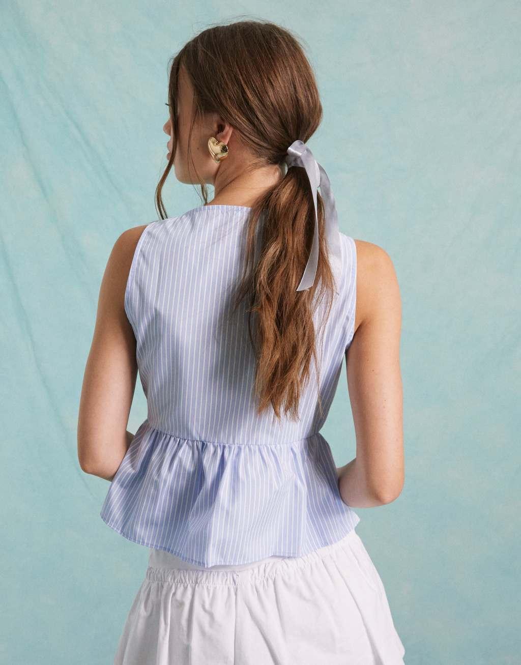 Miss Selfridge poplin tie front sleeveless top in blue stripe Product Image