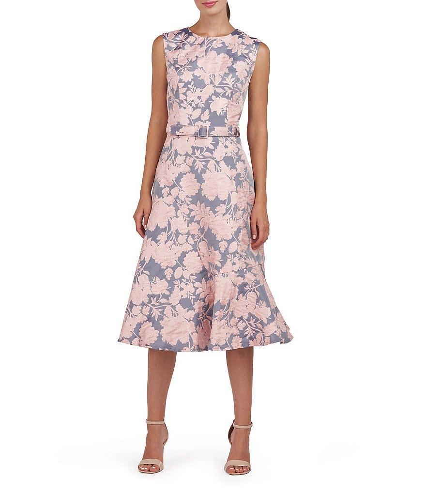 Kay Unger Verity Floral Jacquard Jewel Neck Sleeveless Belted Midi Dress Product Image