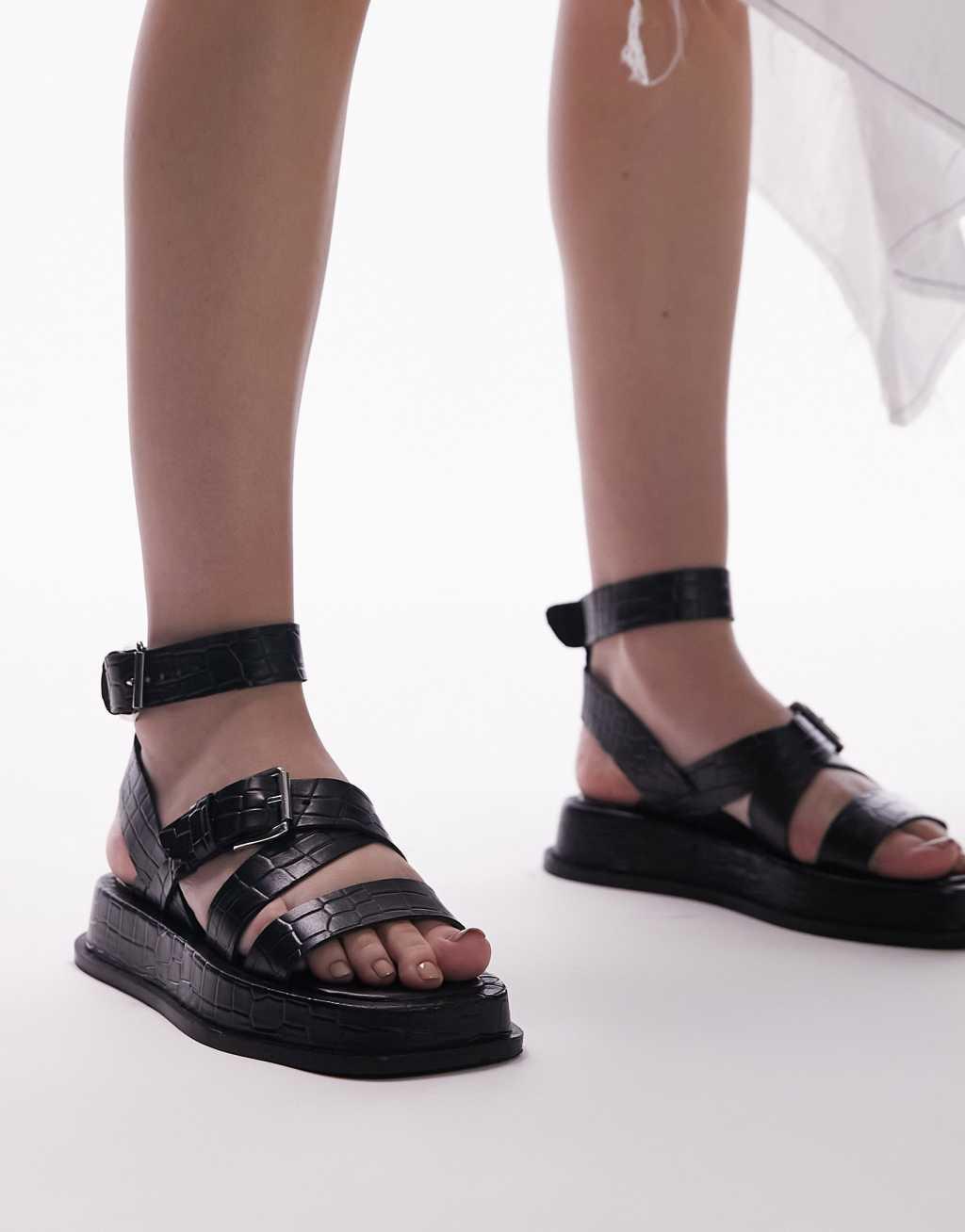 	Topshop Wide Fit Jax leather chunky flat sandal with buckle in black Product Image