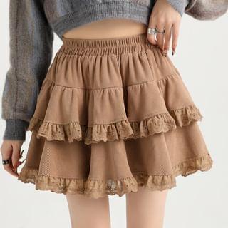 Elastic Waist Plain Tiered Lace Trim Mini A-Line Skirt Product Image