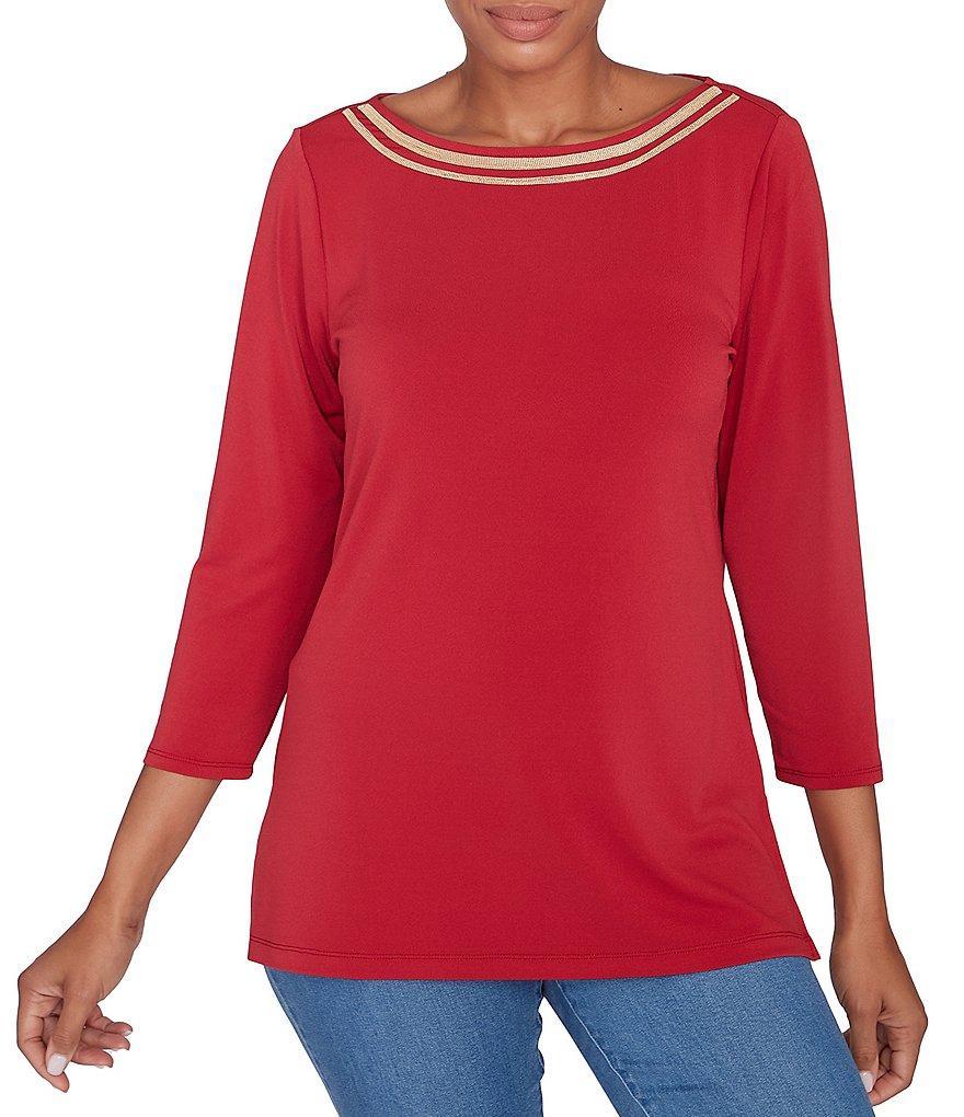 Ruby Rd. Solid Embellished Boat Neck 3/4 Sleeve Knit Top Product Image