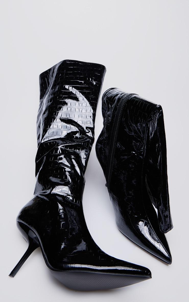 Black Pu Croc Point Toe Slanted Heel Knee High Boots Product Image