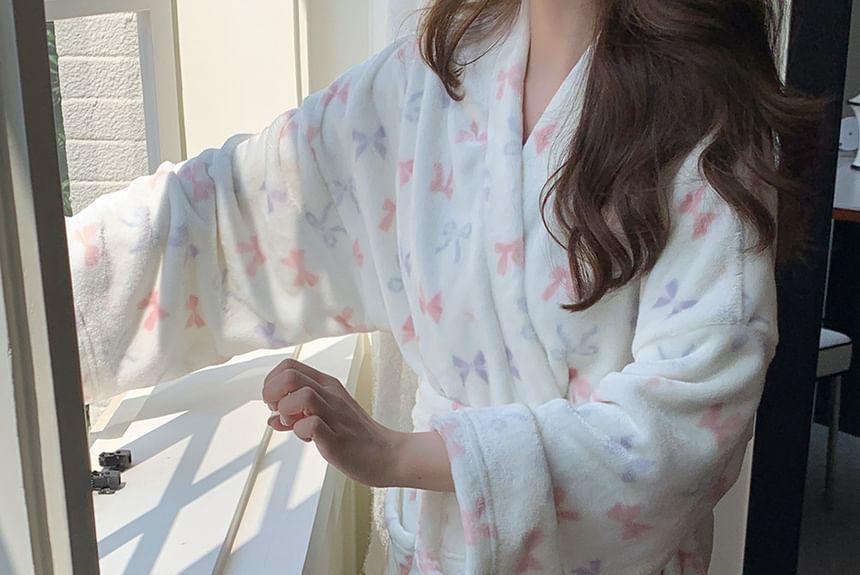 V-Neck Bow Patterned Tie Front Robe Product Image