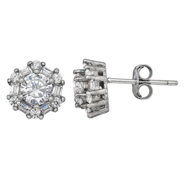 Contessa Di Capri Cubic Zirconia Baguette Round Earrings, Womens, Silver Tone Product Image