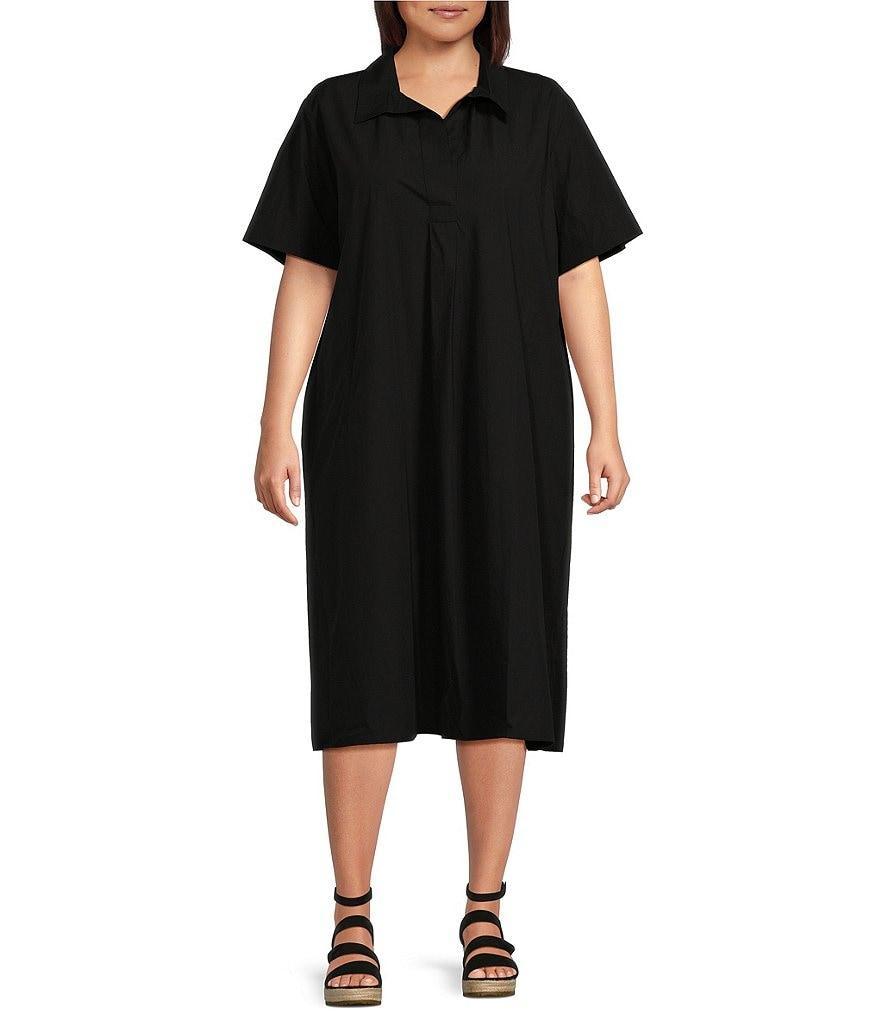 Eileen Fisher Plus Size Washed Organic Cotton Poplin Point Collar Elbow Sleeve Midi Shirt Dress Product Image