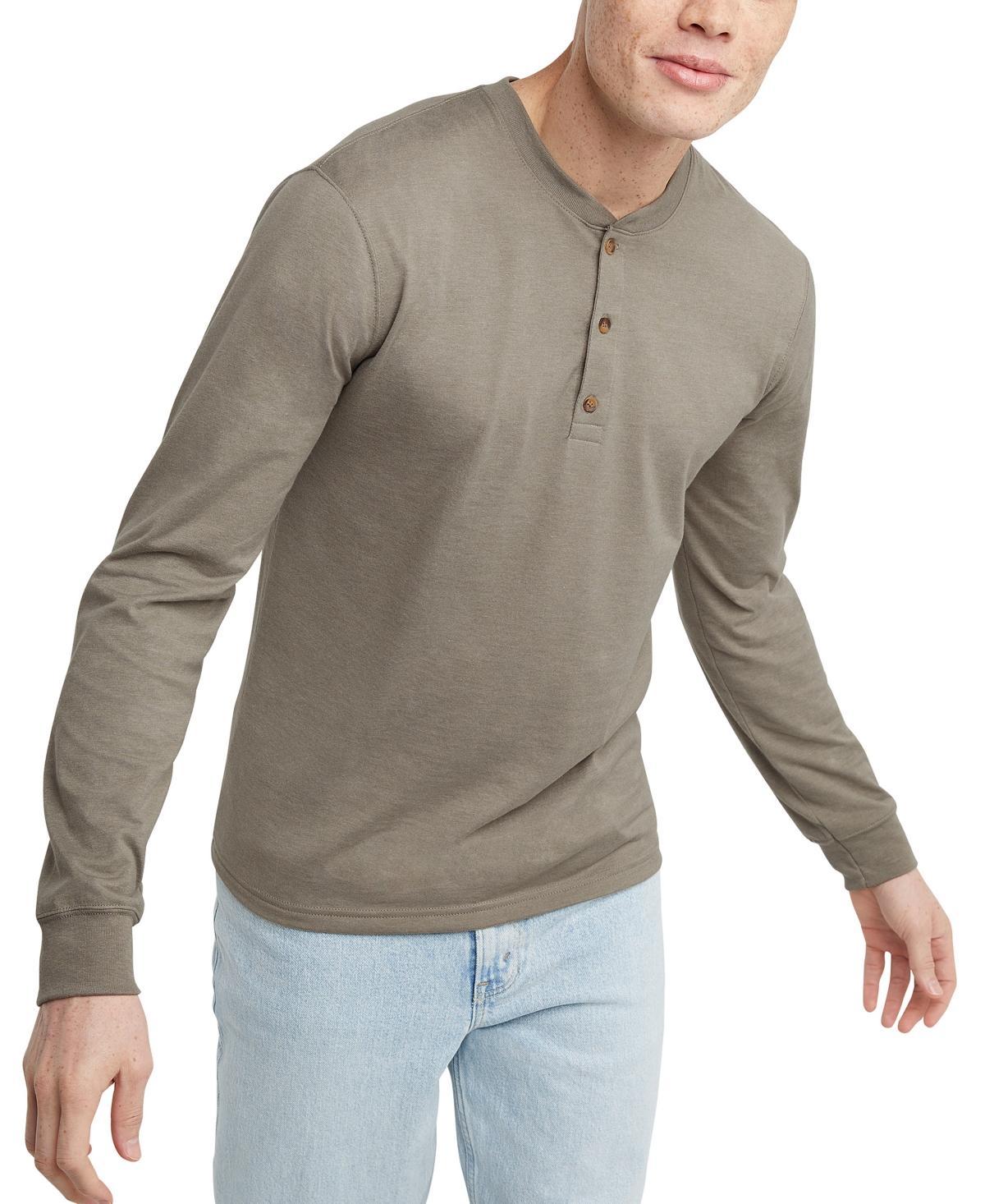 Mens Hanes Originals Cotton Long Sleeve Henley T-shirt Product Image