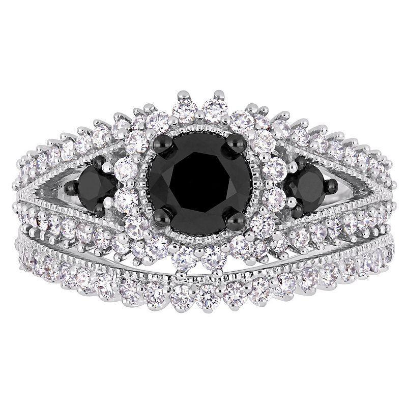 Stella Grace 10k White Gold 2 Carat T.W. Black & White Diamond Halo Engagement Ring Set, Womens 10k Whgold Product Image