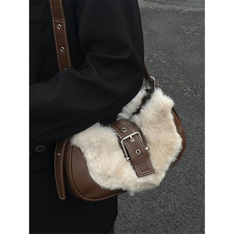 Fluffy Panel Buckled Faux Leather Crossbody Bag Product Image