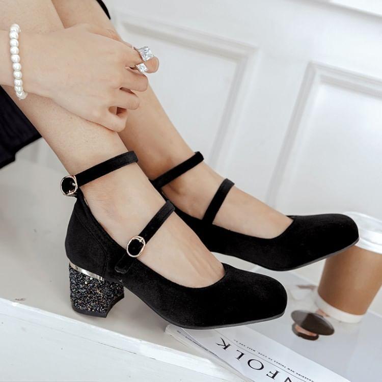 Ankle Strap Velvet Block Heel Mary Jane Pumps product image