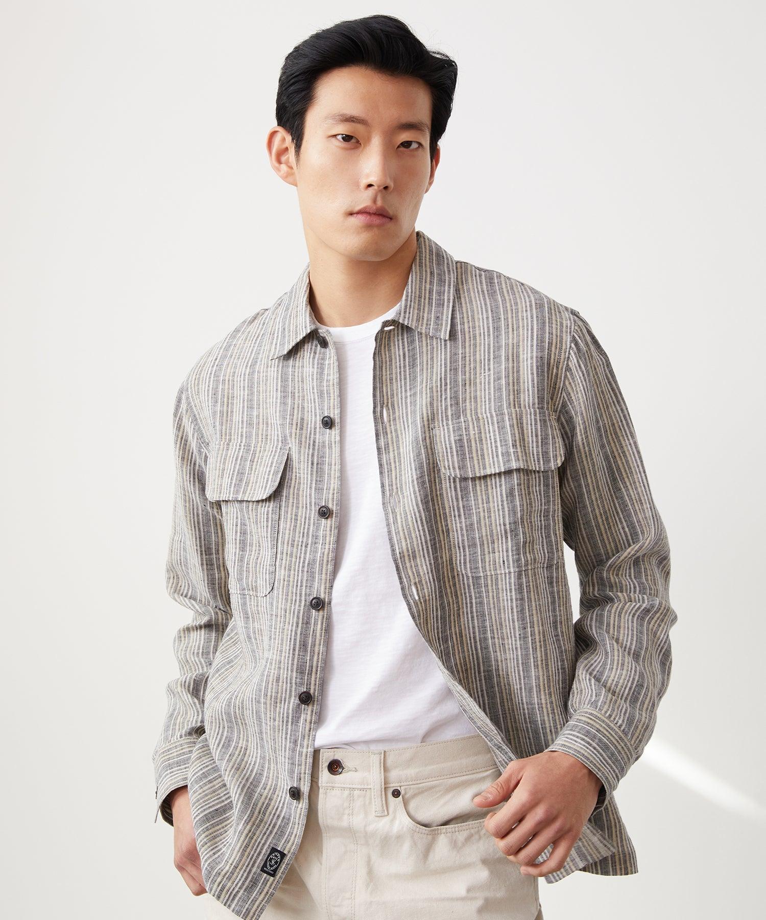 Grey Stripe Linen Shirt Jacket Product Image