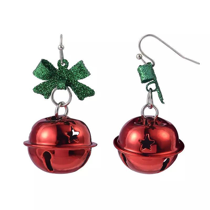 Celebrate Together Silver Tone Red Jingle Bell With Green Bows Fishhook Earrings, Womens Product Image