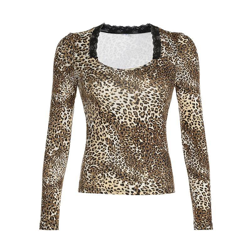 Long Sleeve Square-Neck Lace-Trim Leopard Print Slim-Fit Crop Top Product Image