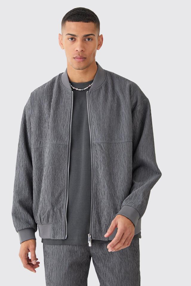 Mens Blue Textured Satin Oversized Bomber Jacket, Blue Product Image