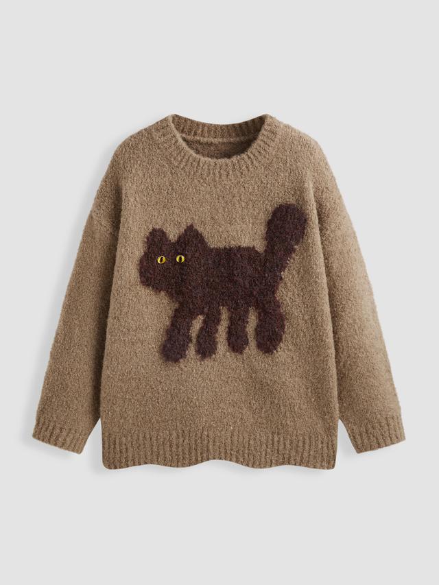 Wool-blend Round Neckline Cat Knitted Long Sleeve Sweater Product Image