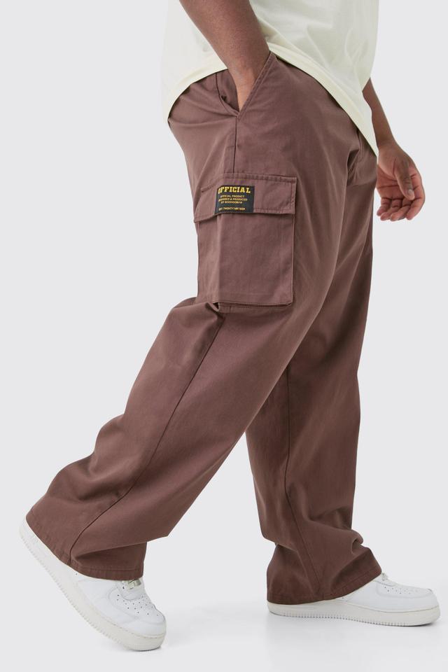 Mens Brown Plus Fixed Waist Relaxed Fit Cargo Trousers, Brown Product Image