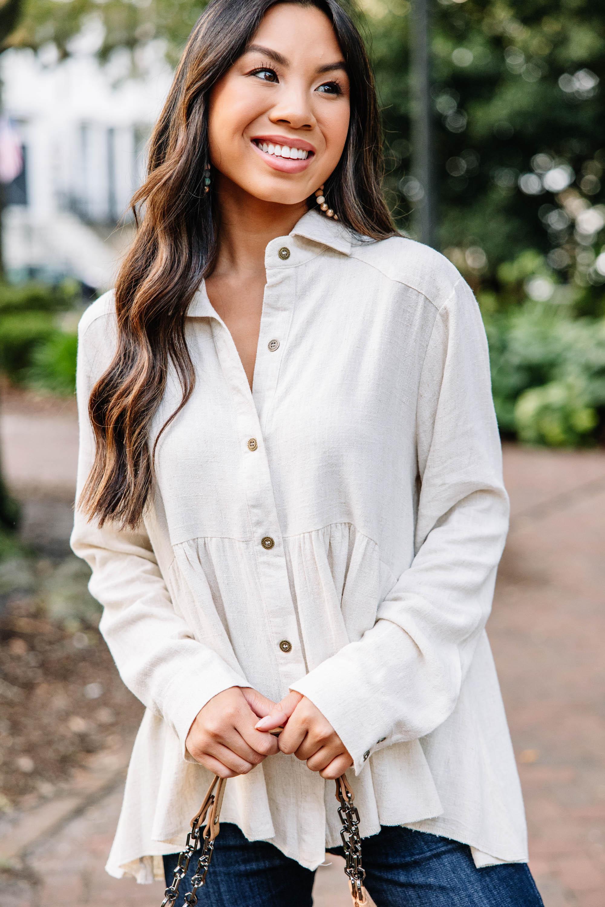 Call On Me Oatmeal White Linen Top Female Product Image