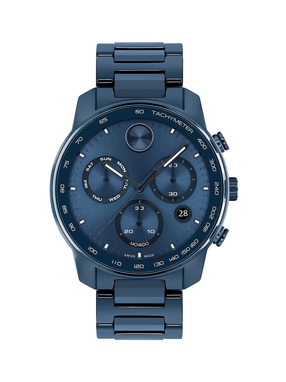 Men's Movado BoldÂ® Verso Gunmetal Grey IP Chronograph Blue Leather Strap Watch with Grey Dial (Model: 3600909) Product Image