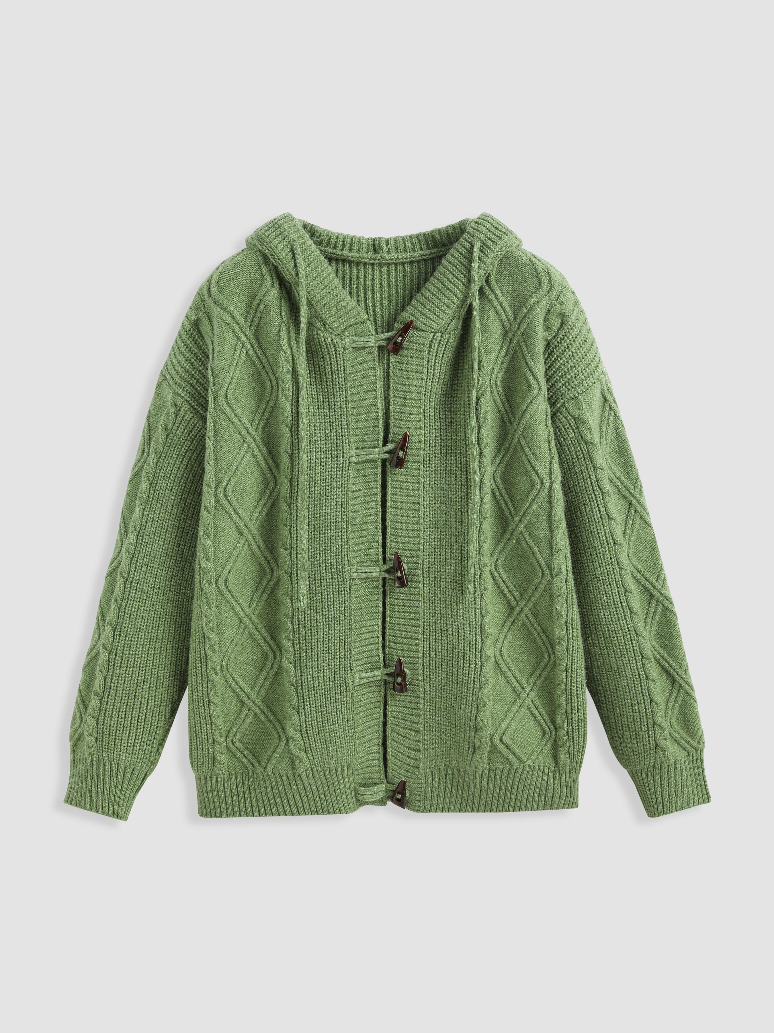 Cable Knit Solid Button Up Hooded Cardigan Product Image