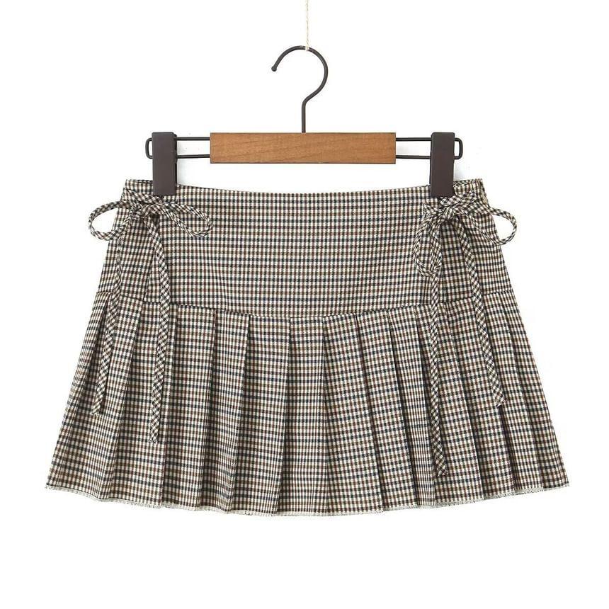 High Rise Print Drawstring Pleated Mini A-Line Skirt Product Image