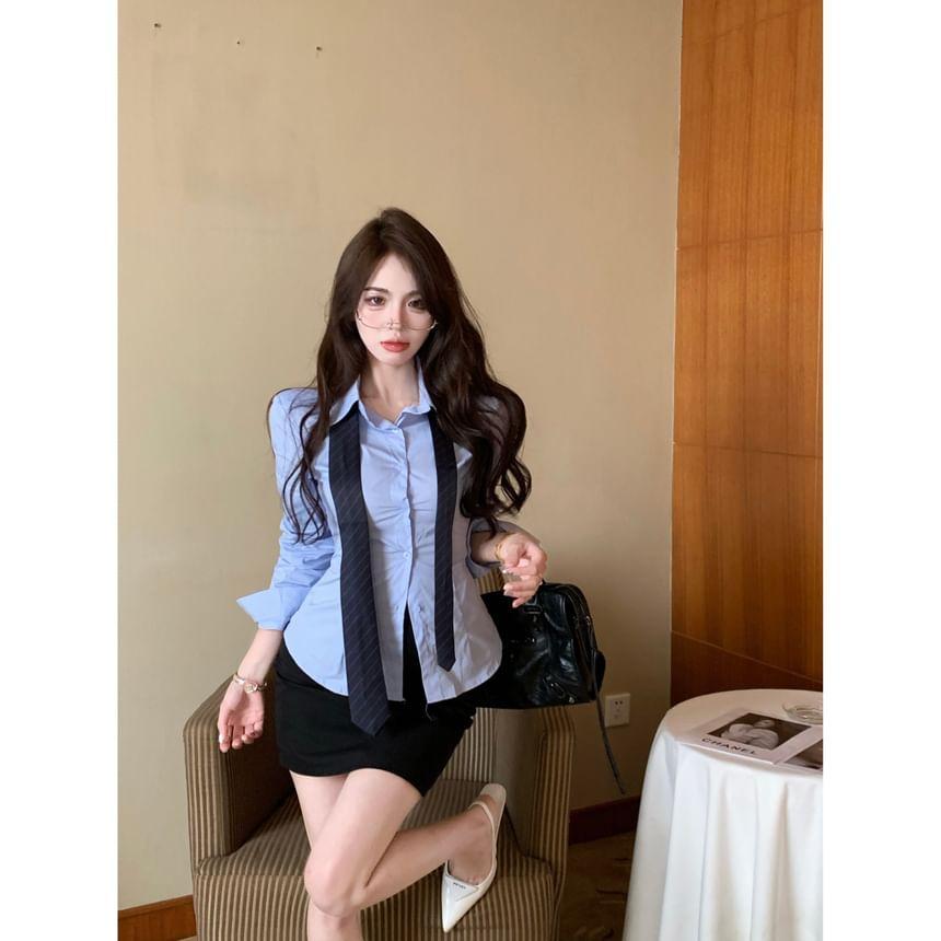 Long-Sleeve Plain Button-Up Shirt / High Rise Mini Pencil Skirt Product Image