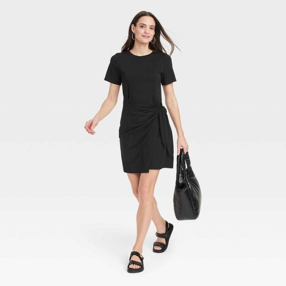 Womens Short Sleeve Mini T-Shirt Wrap Dress - A New Day Black XL Product Image