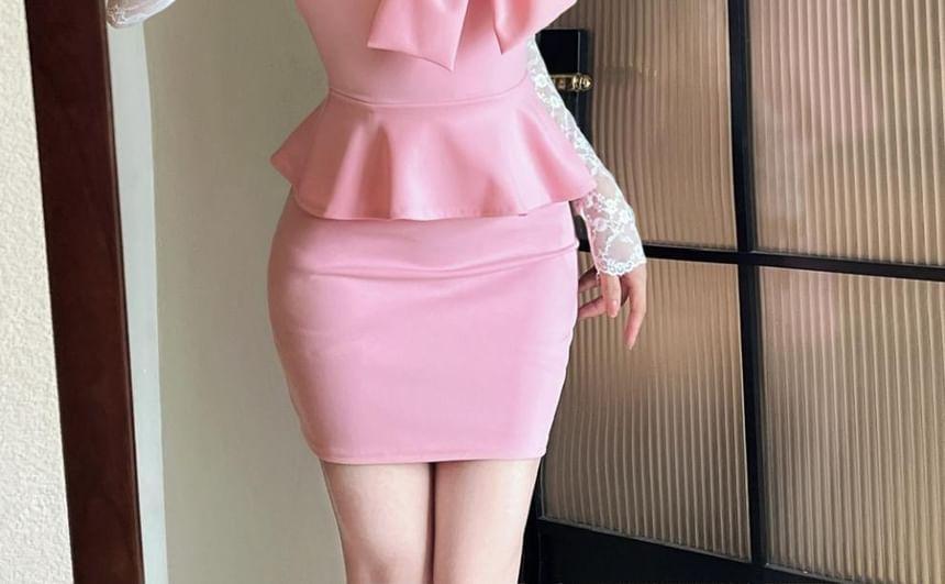 Long-Sleeve V-Neck Plain Lace Panel Bow Peplum Mini Sheath Dress Product Image