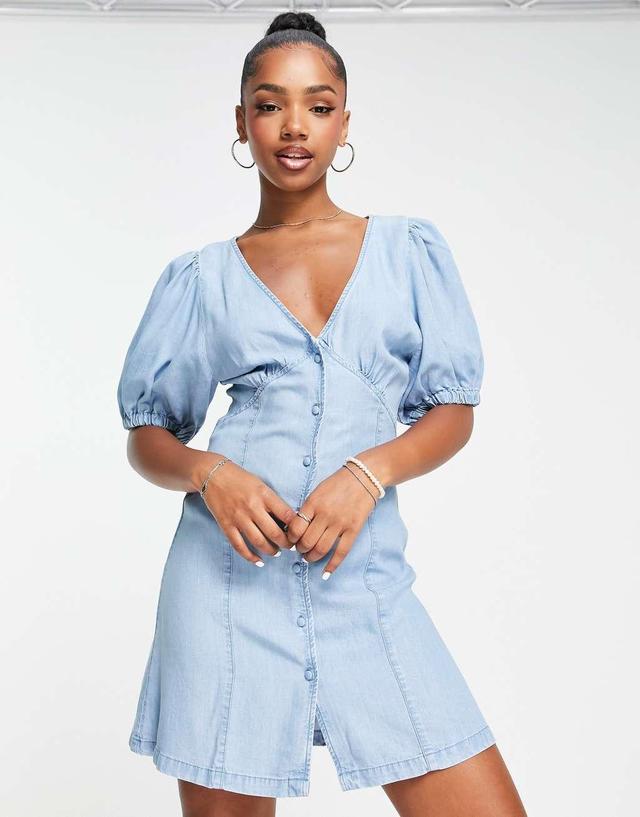 ASOS DESIGN soft denim seamed mini tea dress in blue Product Image