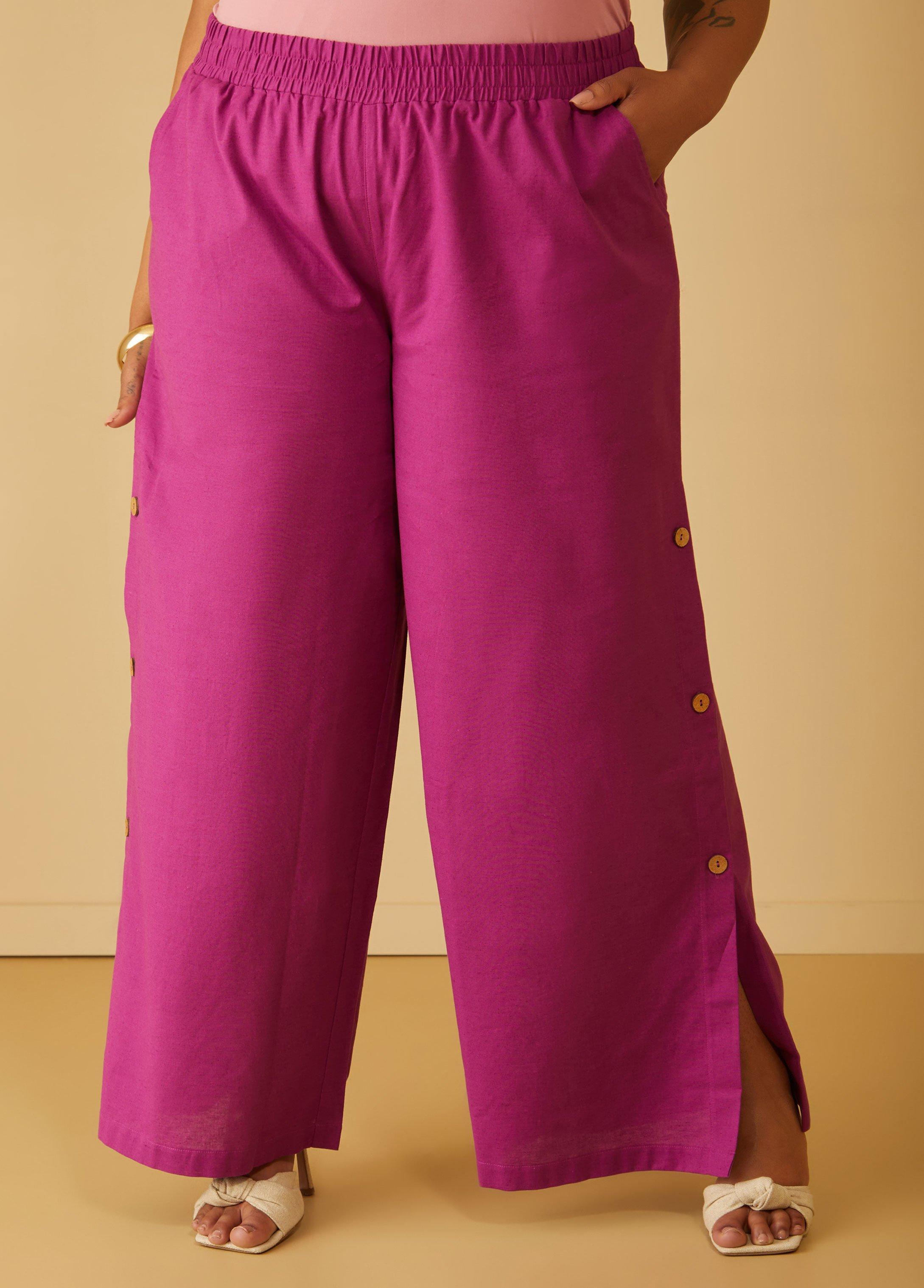 Plus Size Button Detailed Linen Blend Pants, - Ashley Stewart Product Image