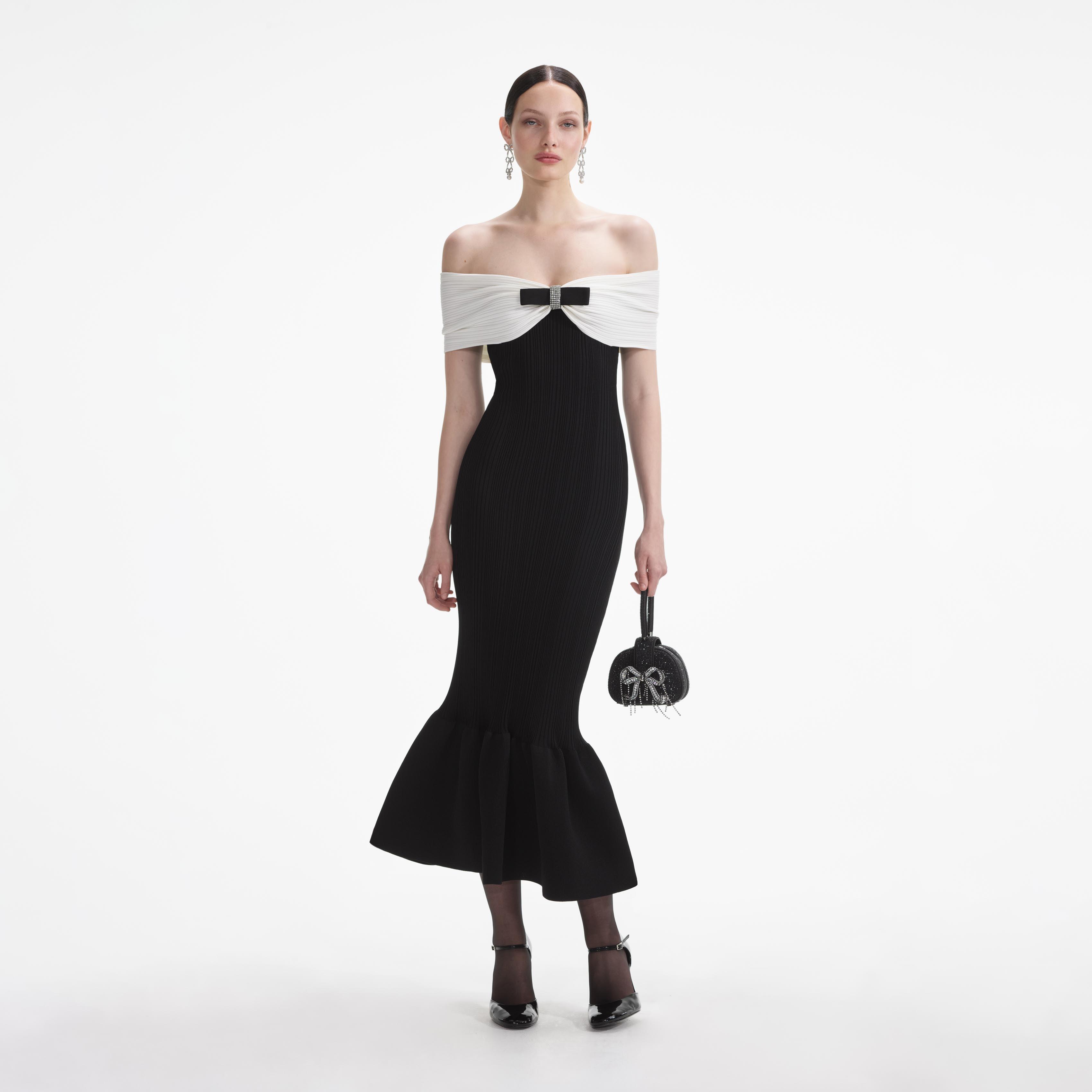 Black Knit Bow Midi Dress Product Image