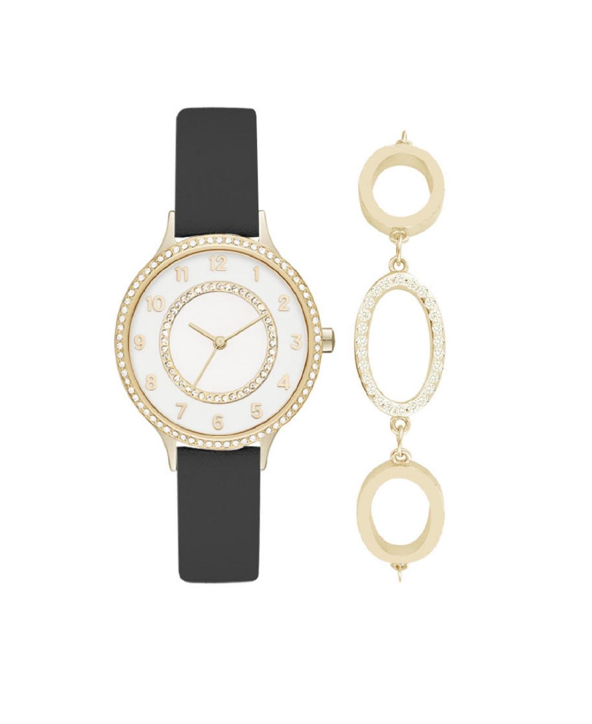 Jessica Carlyle Womens Analog Black Strap Watch 34mm with Gold-Toned Cubic Zirconia Crystal Bracelet Gift Set Product Image