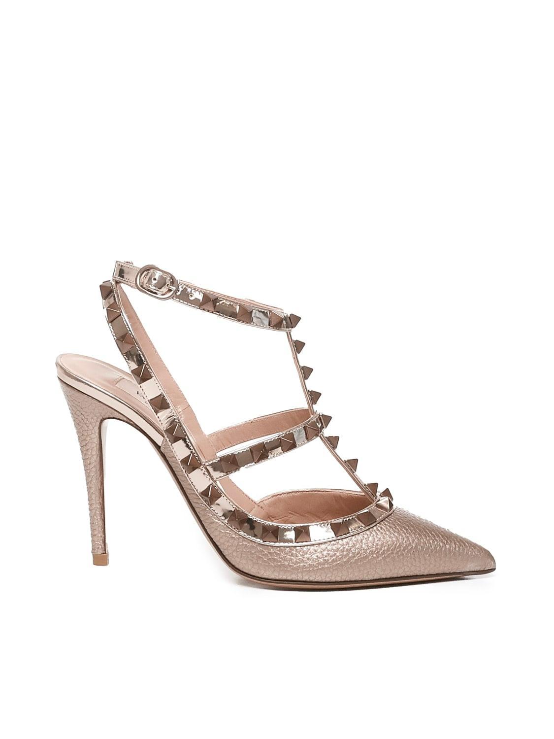 Rockstud Pointed Toe Caged Pumps In Gold Product Image