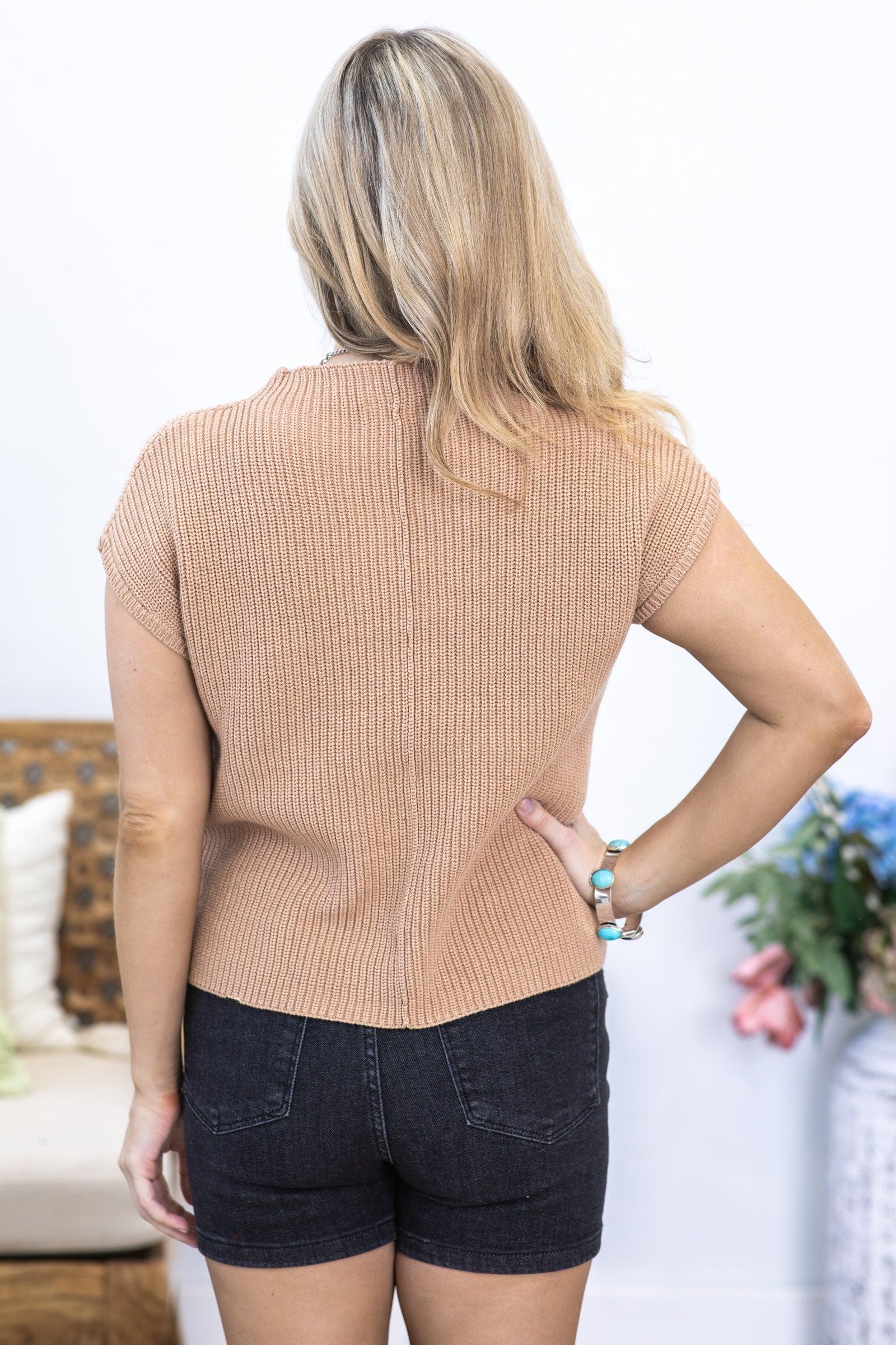 Tan Mock Neck Short Sleeve Sweater Top Product Image