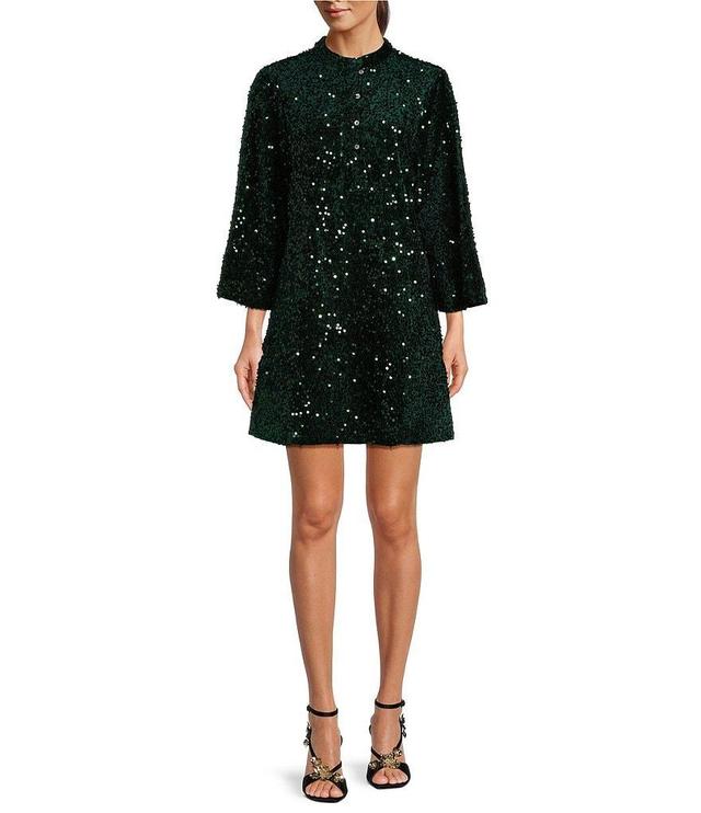 J.Marie Alli Sequin Banded Button-Up Collar Long Sleeve Shift Mini Dress Product Image