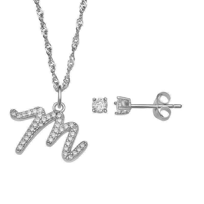 LC Lauren Conrad Sterling Silver Cubic Zirconia Stud Earrings & Initial Pendant Necklace Set, Womens Sterling Silver P Product Image