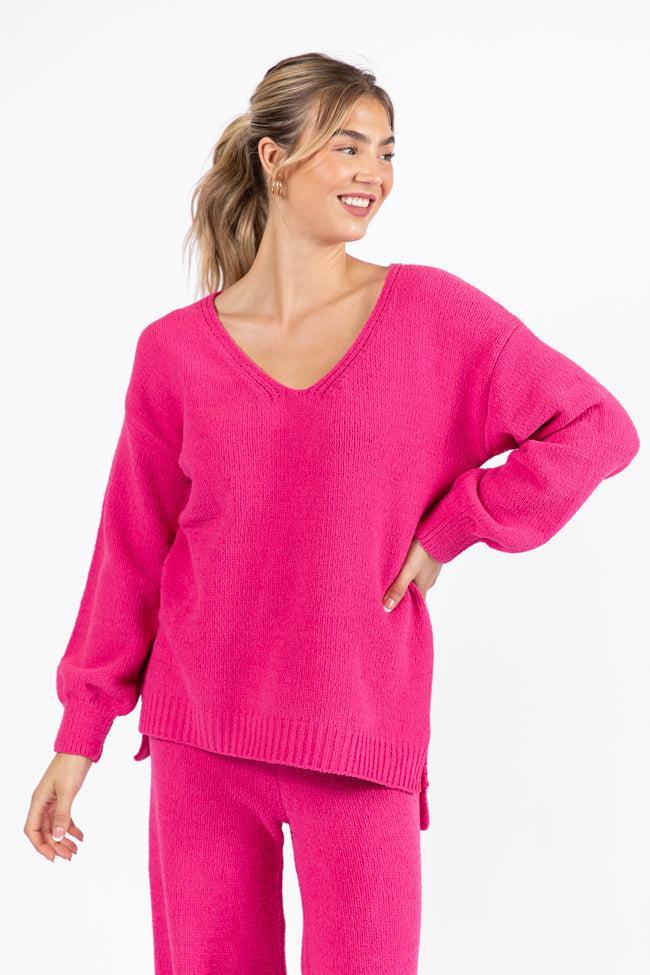 Cozy For Keeps Hot Pink V-Neck Sweater Product Image