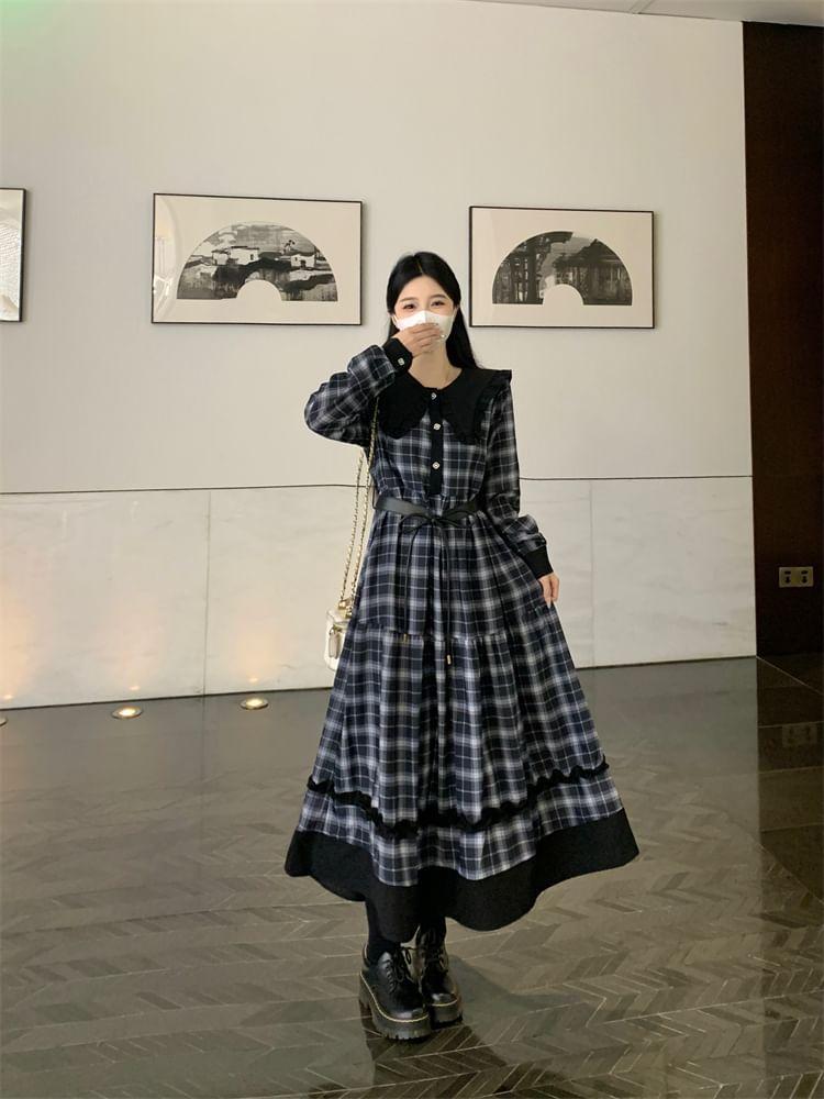 Set: Long-Sleeve Collar Plaid Midi A-Line Dress + Belt Product Image