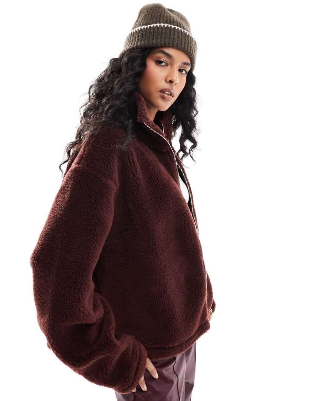 ASOS DESIGN borg zip through fleece in chocolate Product Image