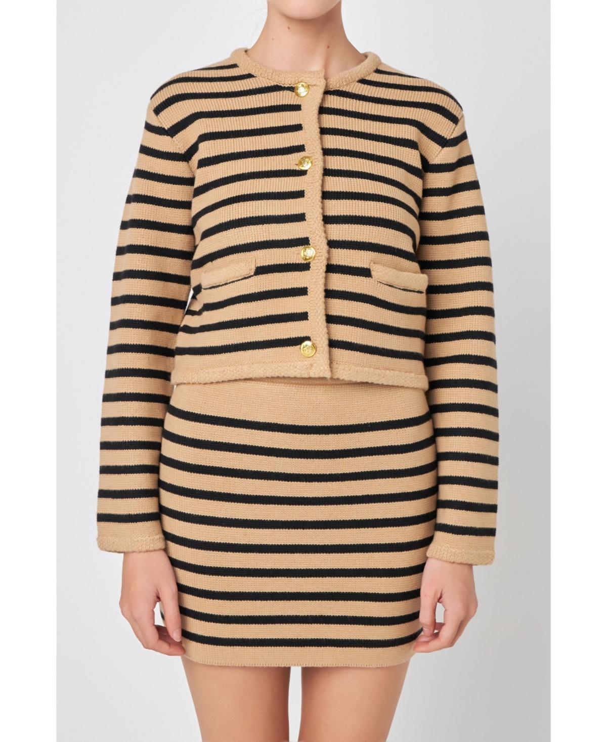 English Factory Womens Knit Striped Sweater Cardigan - Tan Product Image