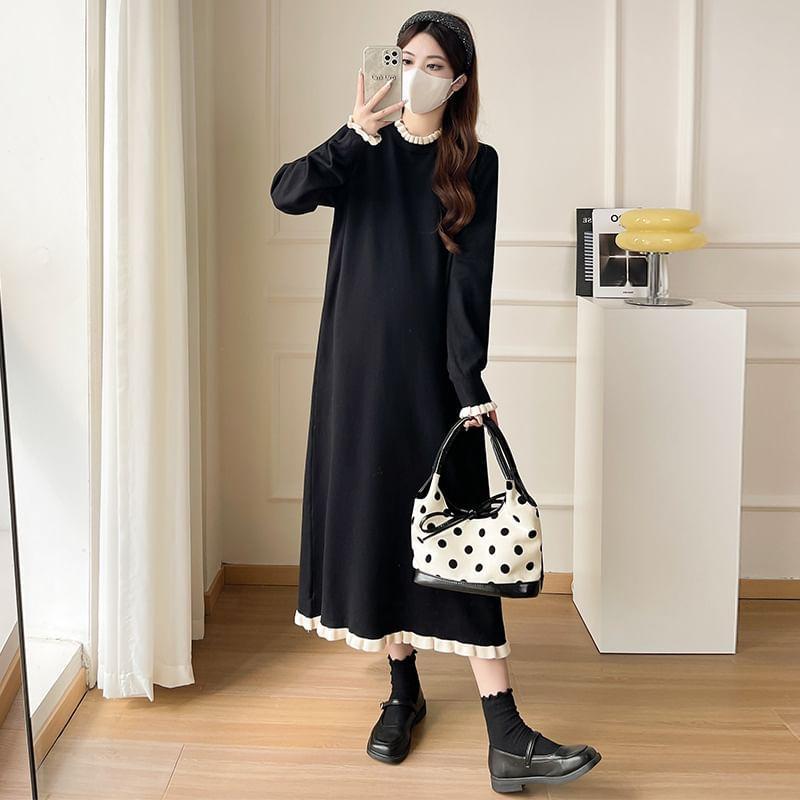 Maternity Long-Sleeve Round Neck Two Tone Midi Sweater Dress Product Image